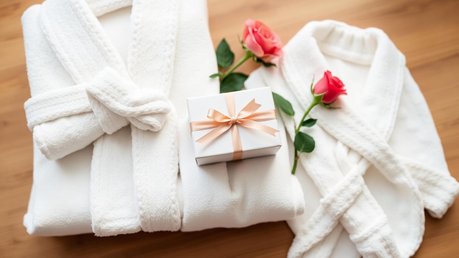 Elegant verpacktes Geschenk auf gefalteten Bademänteln mit Rosen