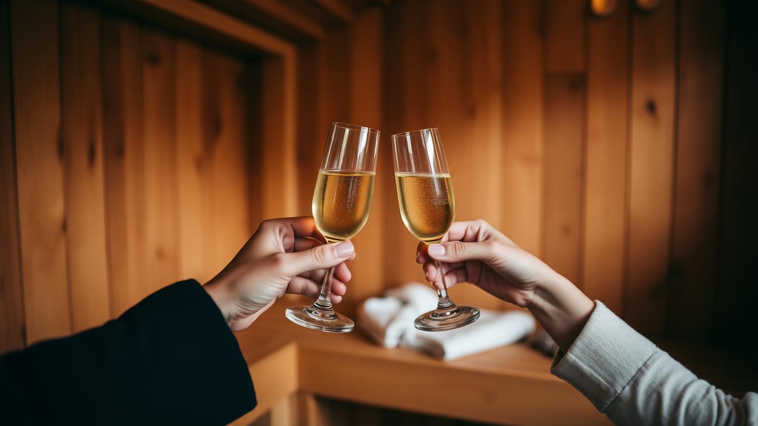 Zwei Hände stossen mit Champagnergläsern in einer Sauna an