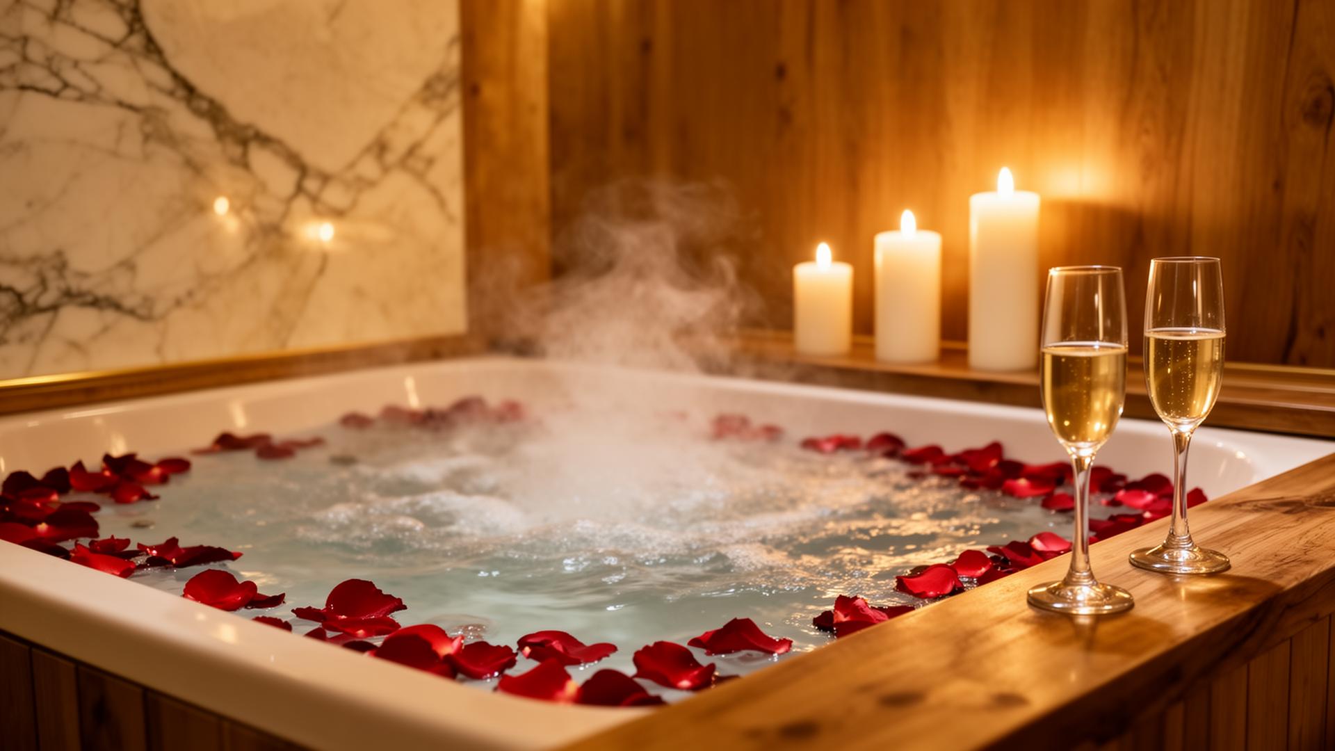 Privater Spa mit Whirlpool, Rosenblättern, Kerzen und Champagner