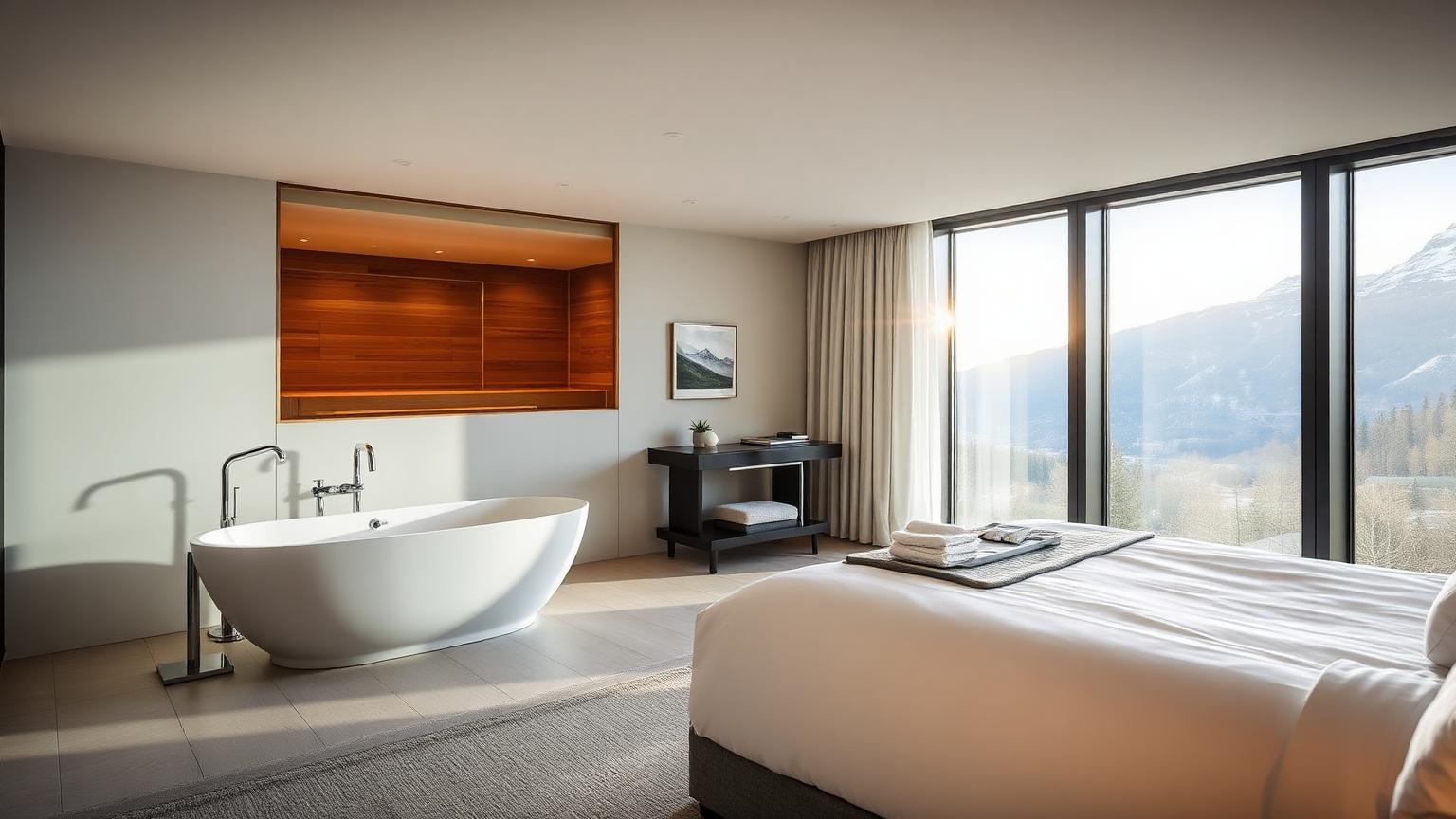 Hotelsuite mit freistehender Badewanne, privater Sauna und Bergblick