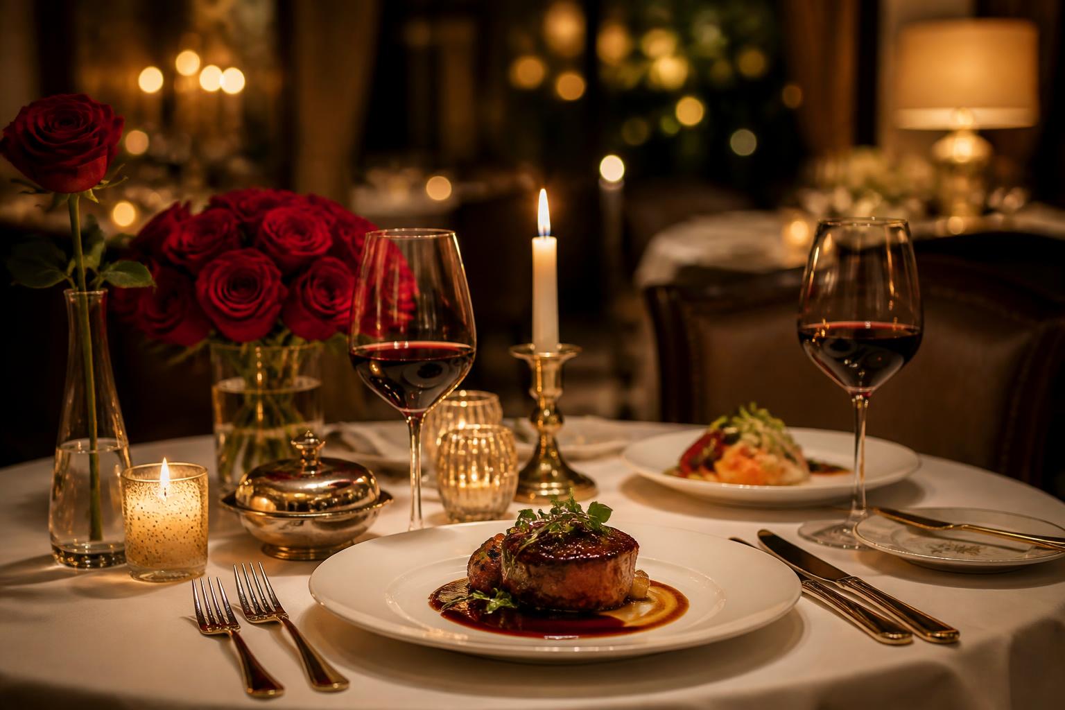 Romantisch gedeckter Tisch für zwei mit Kerzenschein, Rotwein und Rosen