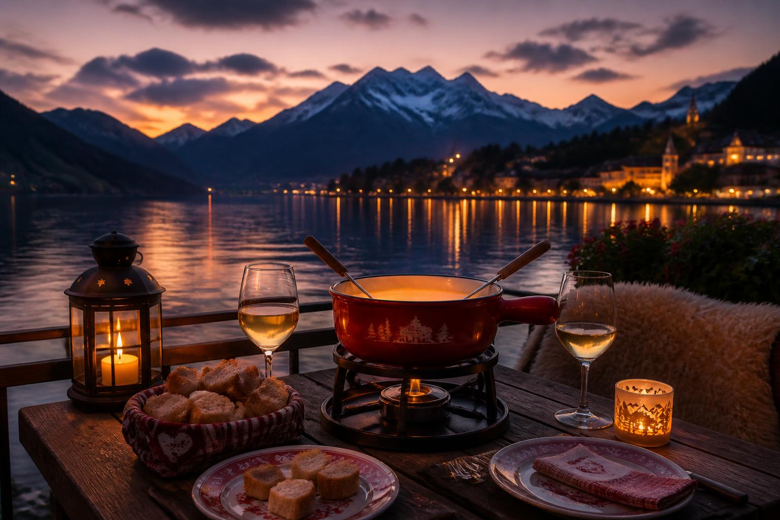 Fondue auf einem Holztisch am See bei Dämmerung, mit Bergen im Hintergrund