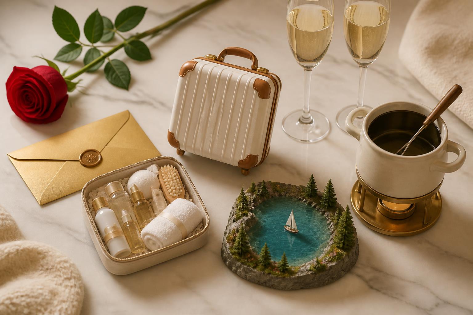 Elegante Auswahl an Geschenkideen für Sie auf Marmor: Wellness, Reise, Candlelight Dinner und Fondue