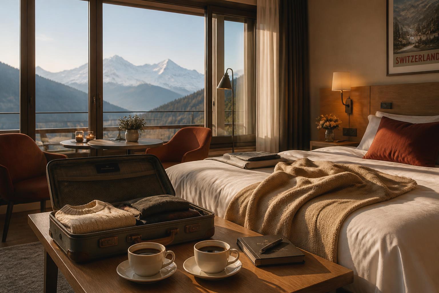 Gemütliches Hotelzimmer mit Bergblick, geöffnetem Koffer und zwei Kaffeetassen