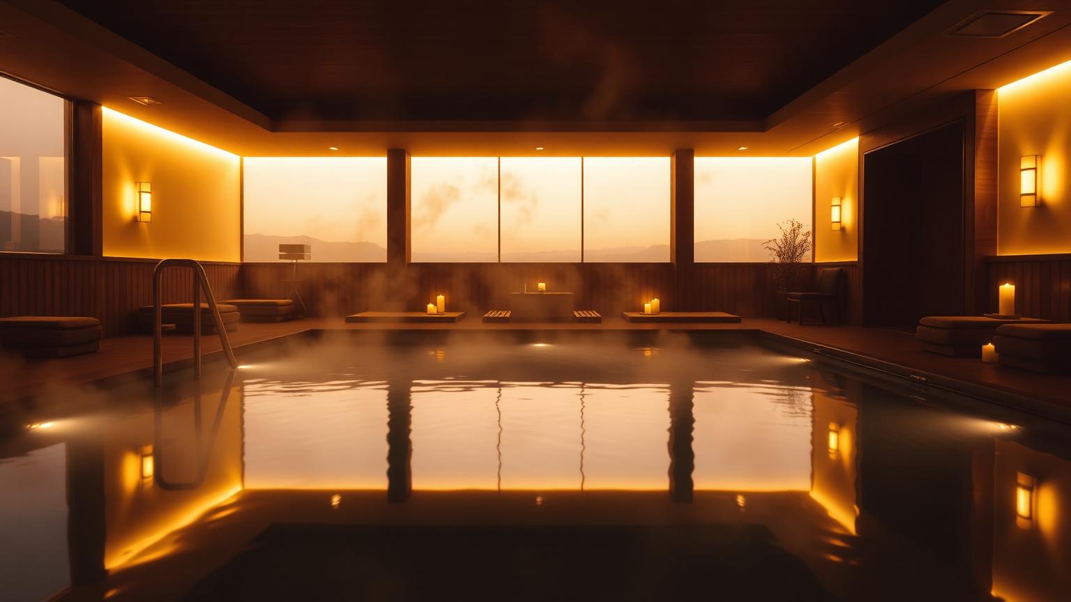 Stilles Private Spa im warmen Licht der Dämmerung mit dampfendem Wasser
