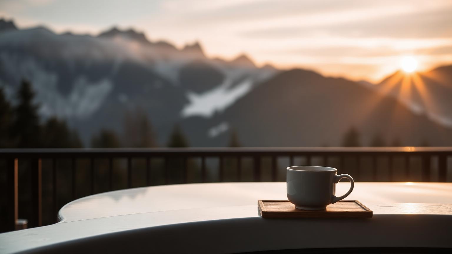 Kaffeetasse am Rand eines privaten Whirlpools mit Blick auf die Alpen im Sonnenaufgang