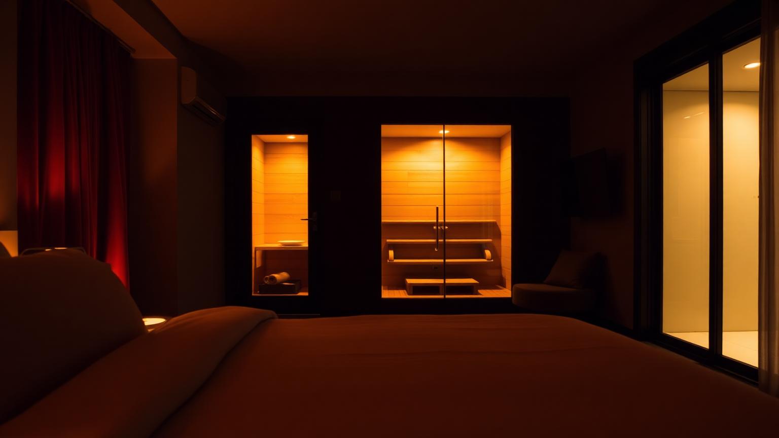 Dunkles Hotelzimmer mit warm beleuchteter privater Sauna im Hintergrund