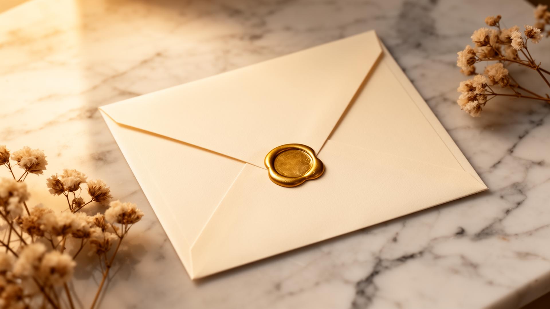Eleganter cremefarbener Umschlag mit goldenem Wachssiegel auf Marmor