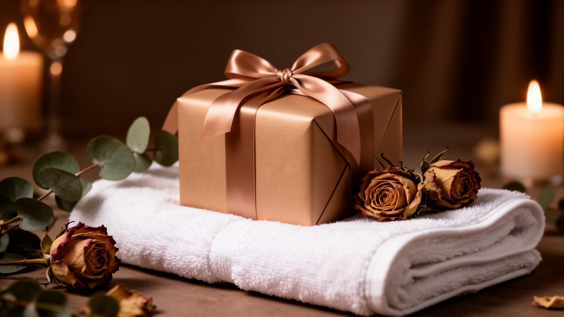 Elegant verpacktes Geschenk auf weichen Spa Tüchern mit Rosen, Eukalyptus und Kerzenlicht
