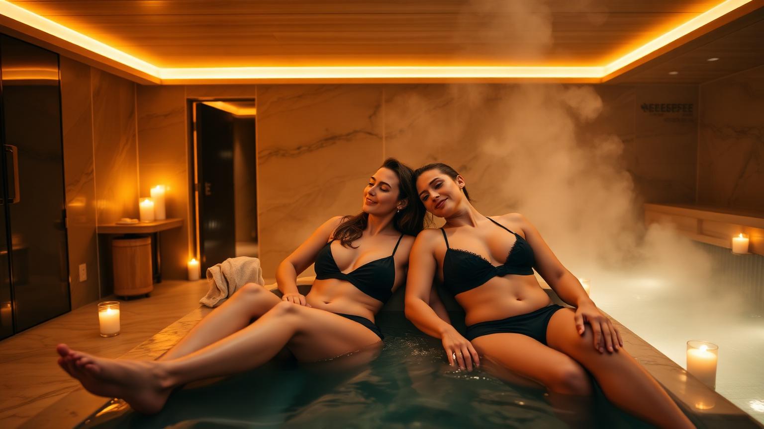 Paar entspannt allein in einem privaten Spa mit Whirlpool und Sauna